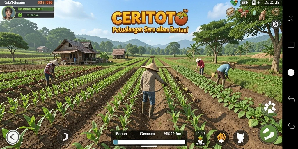 Tampilan gameplay seru dari CERITOTO yang menunjukkan aktivitas bertani.