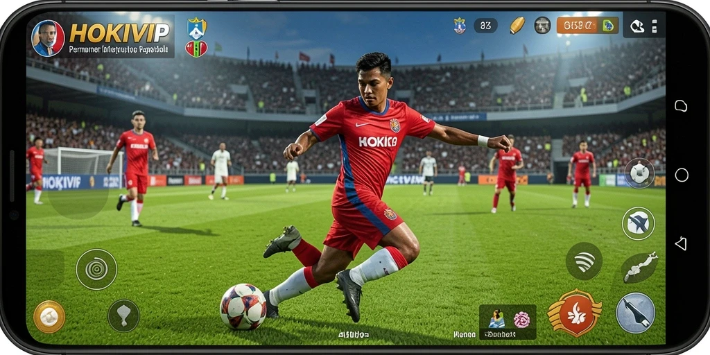 Tangkapan layar gameplay HOKIVIP yang menampilkan aksi di lapangan sepak bola.
