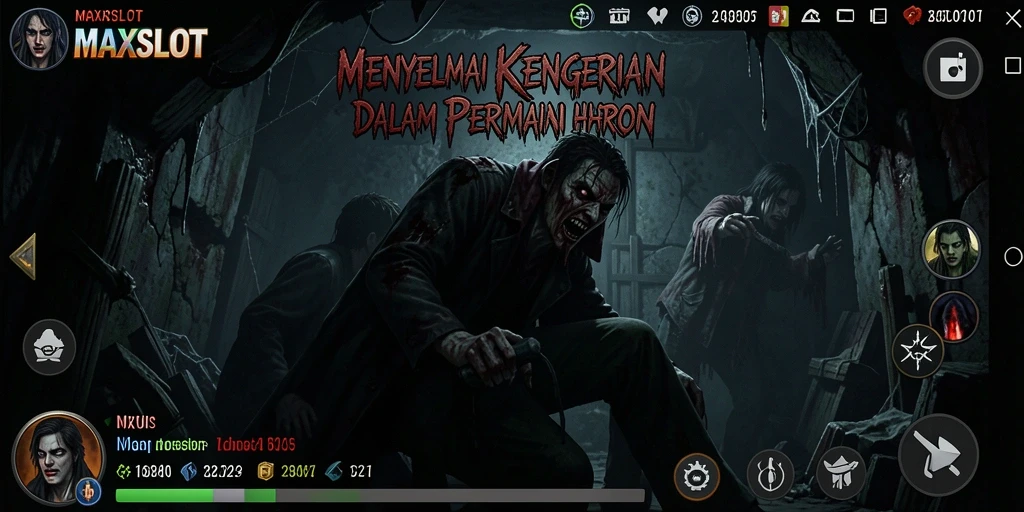 Tampilan gameplay MAXSLOT yang menampilkan suasana mencekam dan grafis menakutkan.