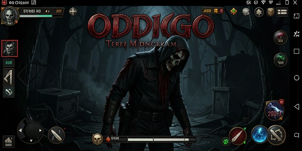 Screenshot gameplay ODDIGO menampilkan suasana mencekam dengan efek visual yang menyeramkan.